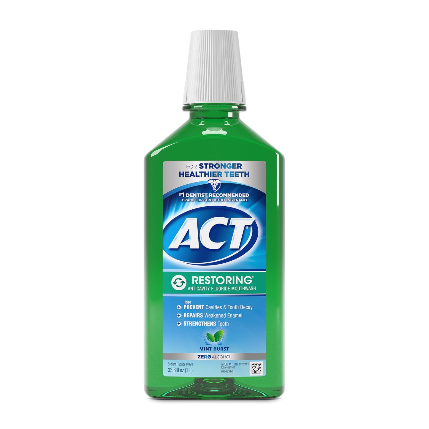 ACT Restoring Zero Alcohol Fluoride Mouthwash 33.8 fl. oz. Strengthens Tooth Enamel, Mint Burst