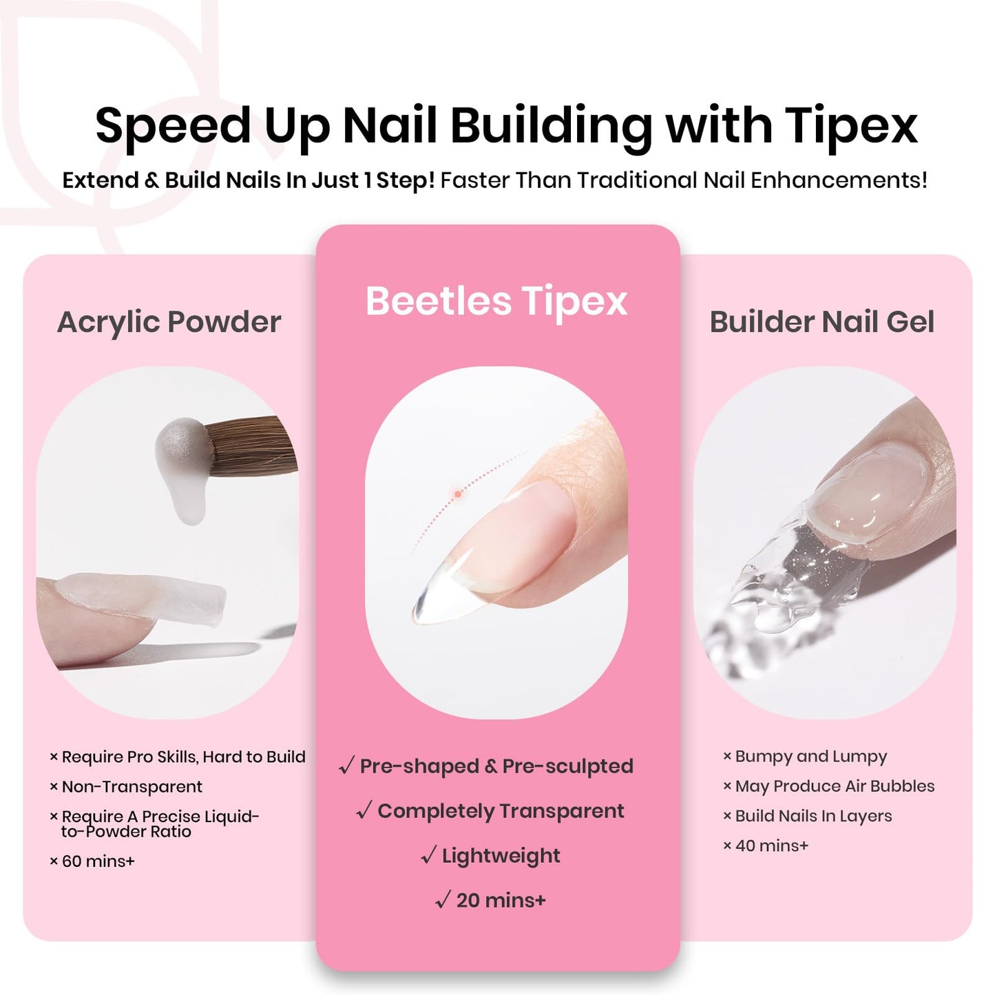 Beetles Tipex Gel Nail Kit, Medium Almond Nail Tips 224 Pcs Pre-Building Pre-Etched Almond False Nail Tips with UV Nail Glue, LED Mini Nail Lamp Thick Acrylic Nail Set for Women