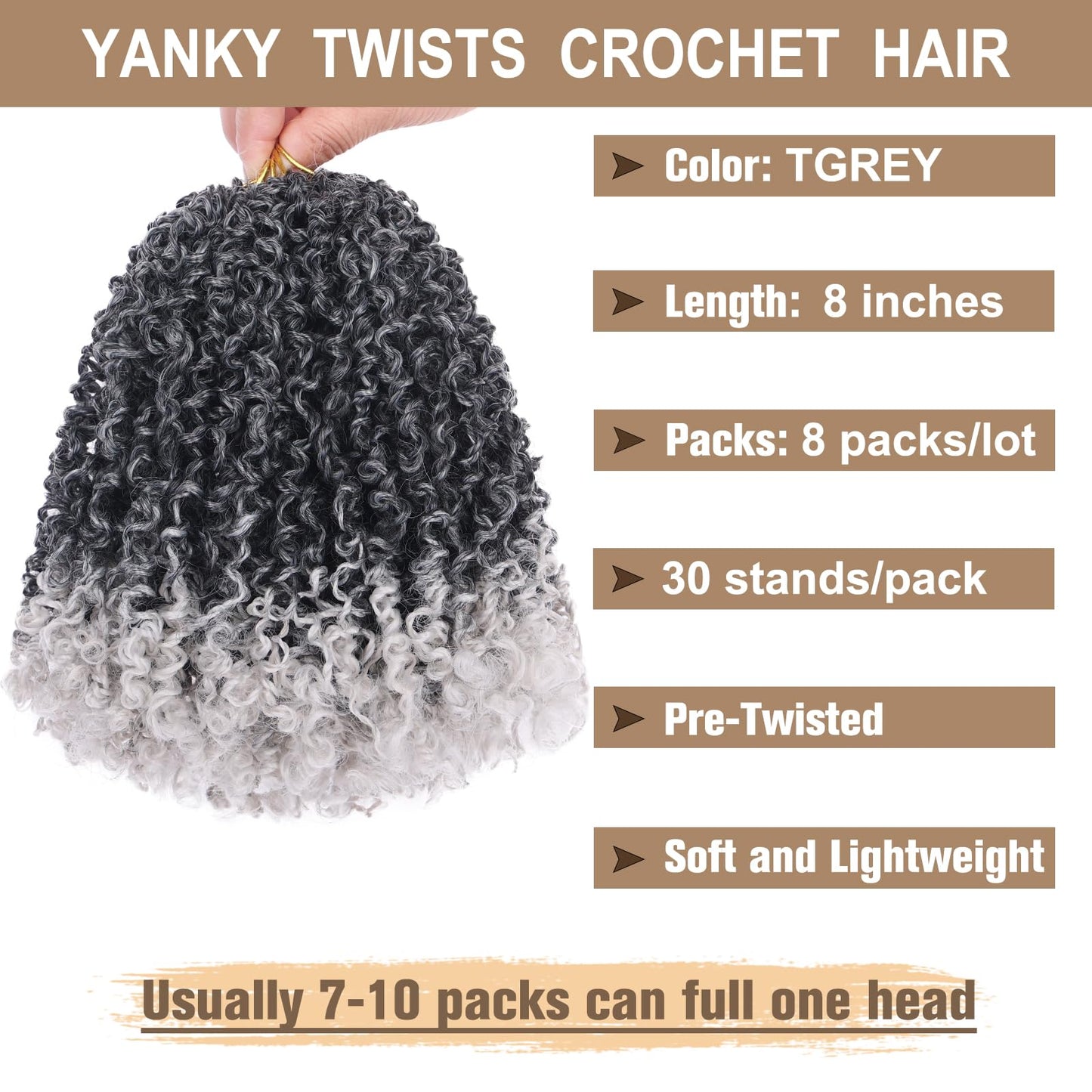 COOKOO 8 Inch Bouncy Yanky Twist Crochet Hair - 8 Packs Ombre Grey Passion Twist Braids for Women - Pre-Twisted Synthetic Hair Extensions