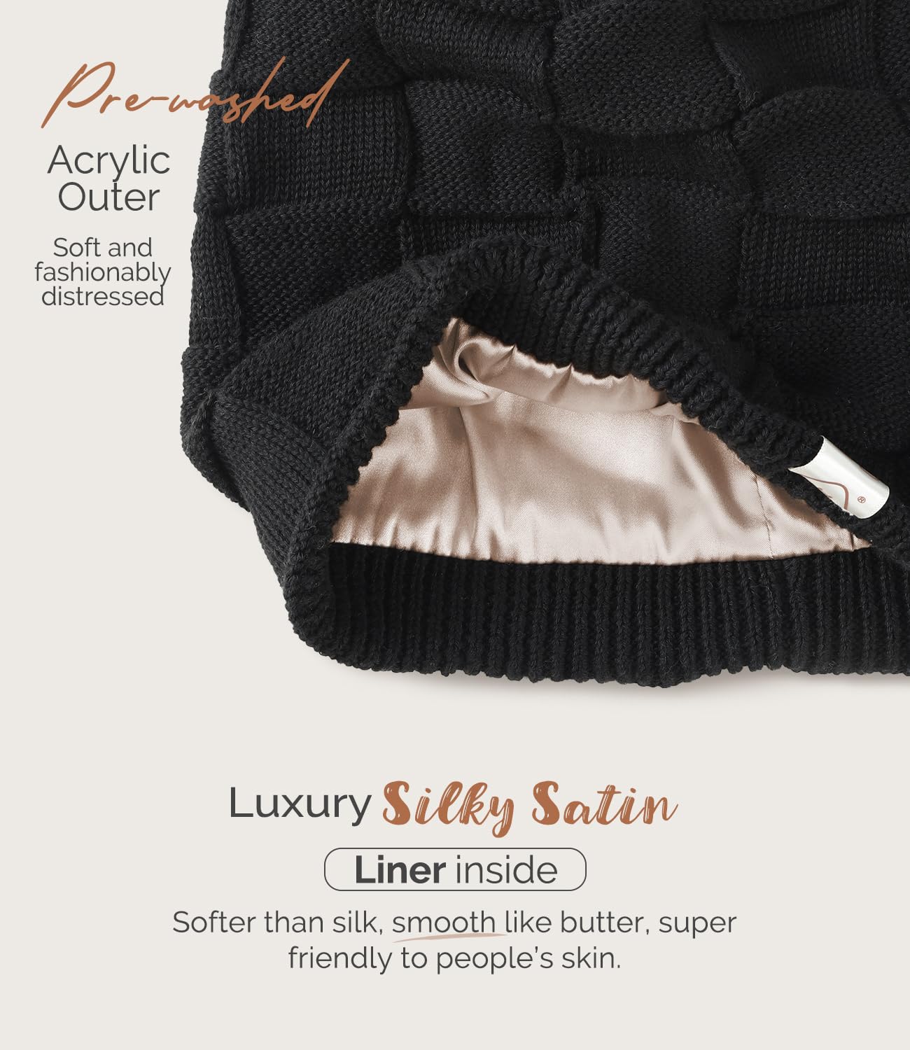 Hat Hut Womens Beanie Satin Lined Beanie Winter Hats for Women Men, Silk Lined Slouchy Beanie Hats Soft Warm Ski Hat Unisex (US, Alpha, One Size, Pure Black)