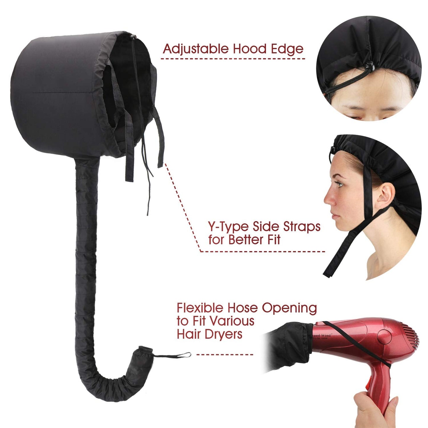 Bonnet Hooded Hair Dryer Attachment, Larger Adjustable Deep Conditioning Cap for Fast Hair Drying with Elastic Band for Fixing Free, Hair Curling Nursing Oil Treat-Ment SPA Steamer Cap