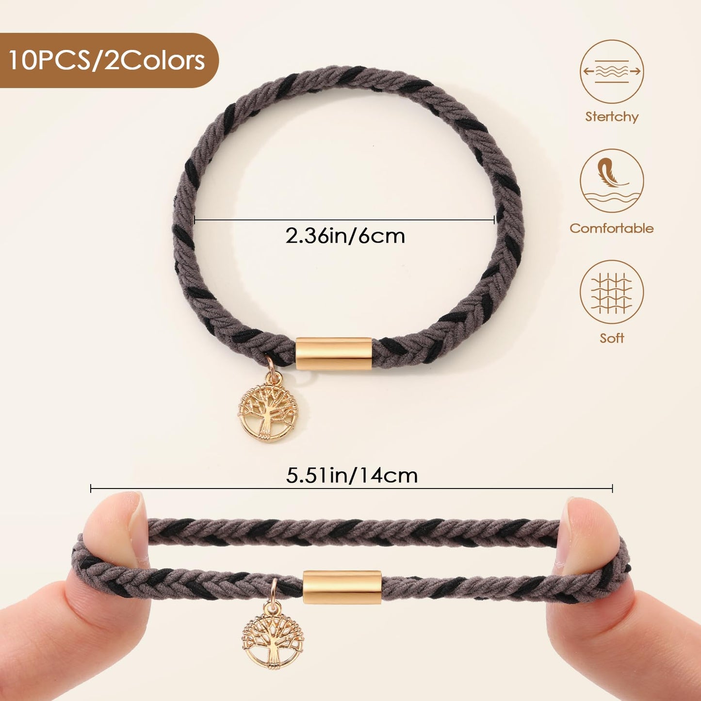 10 PCS Boho Hair Ties - No-Damage, 5 Styles for Thick & Thin Hair, Cute Stretch Bracelets, Braided Ponytail Holders, Grey