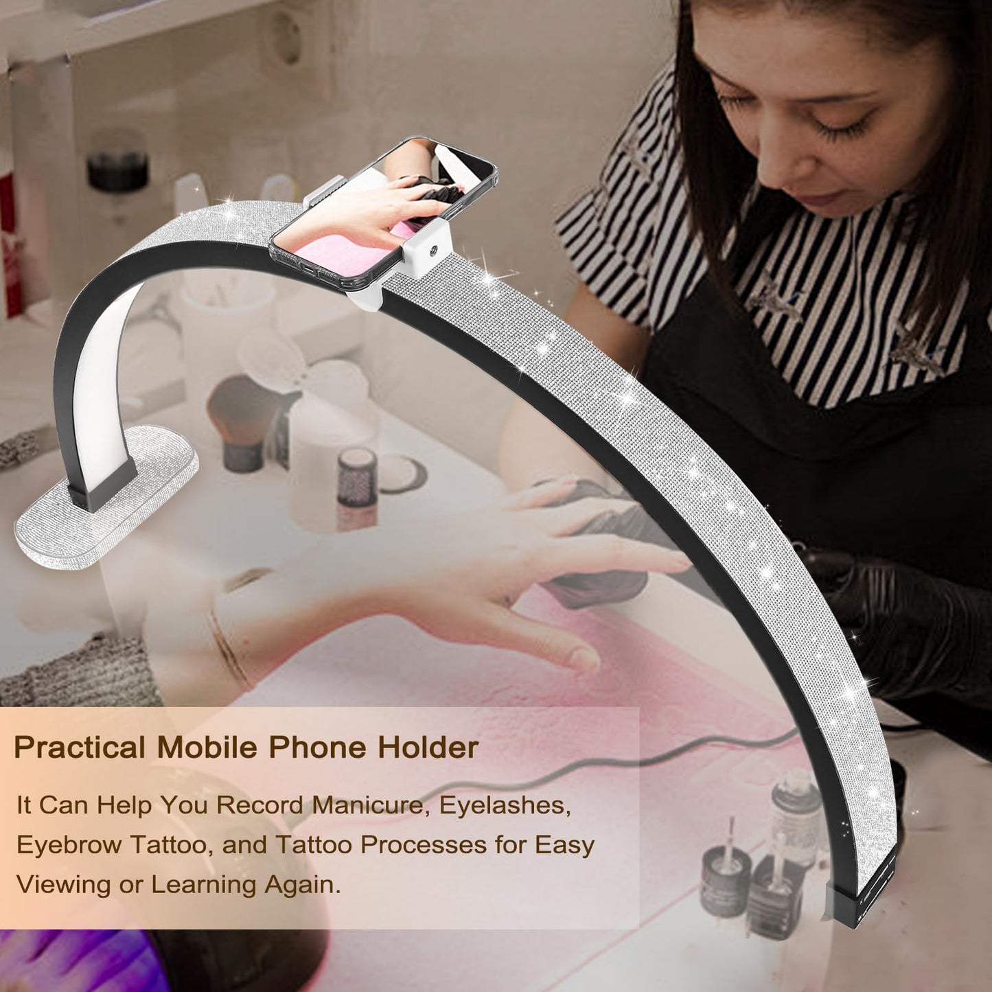 30in Half Moon Light for Nail Desk, Touch Control Nail Light for Desk, Moon Light Nail Tech with Phone Holder, Nail Table Lamp Adjustable Brightness and Color Temperature