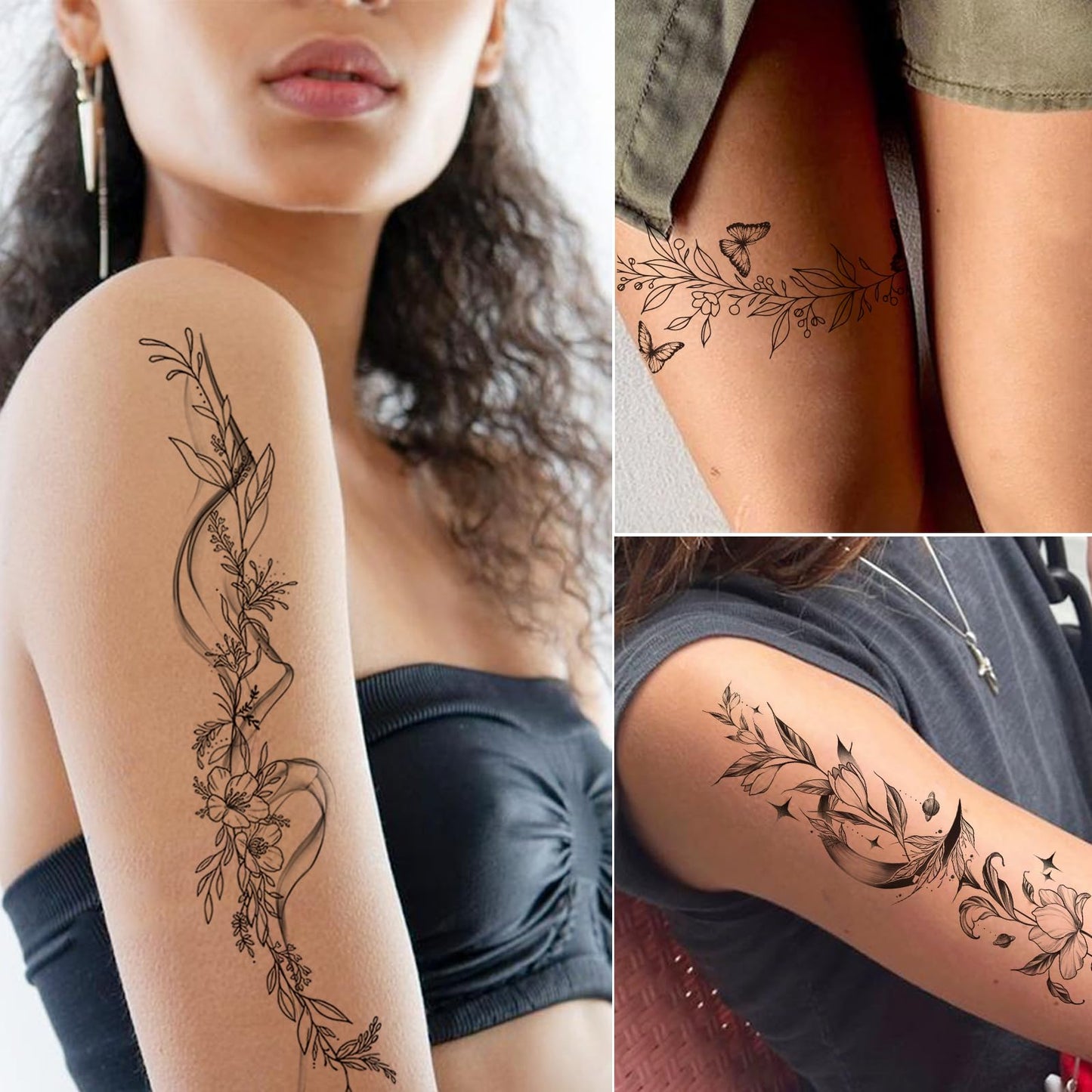 Tazimi Temporary Tattoos For Women Girls-24 Sheets Branch Flower Leaf Wild Plants Sketch Realistic Long-lasting Tattoo Stickers Waterproof Tattoo Sets for Arm Collarbone Leg Backbone Body Art