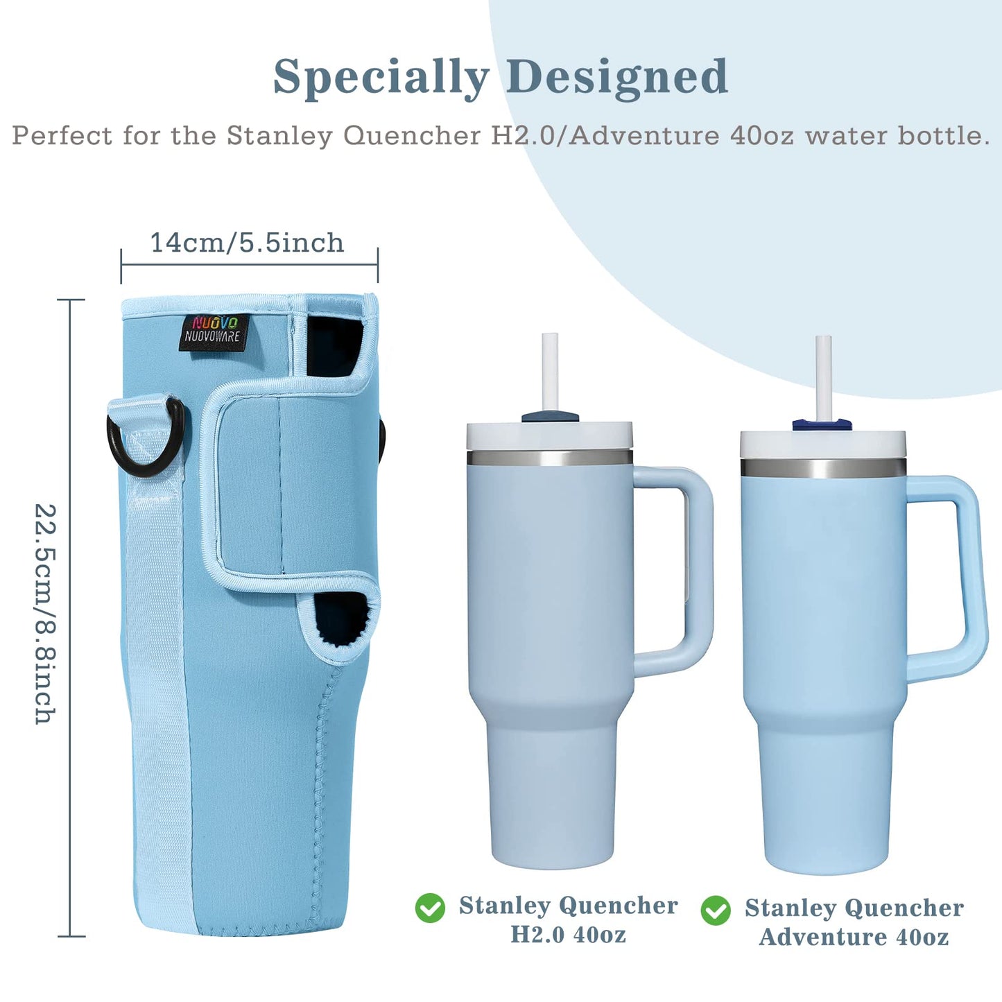 Nuovoware Water Bottle Carrier Bag Fits Stanley 40 Oz Tumbler with Handle, Water Bottle Bag with Adjustable Shoulder Strap, Neoprene Bottle Holder for Stanley Water Bottle Accessories, Blue Sea Foam