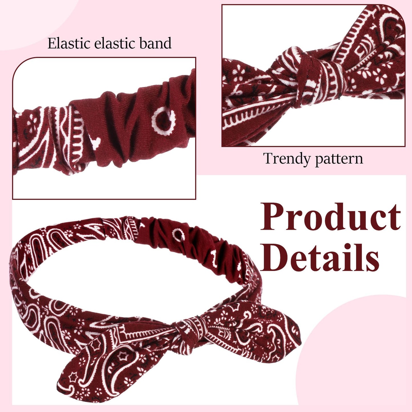2 Pieces Bandana Headband for Women, Knot Retro Print Headbands Paisley Print Headband Headwrap Adjustable Headwrap(Deep Red)