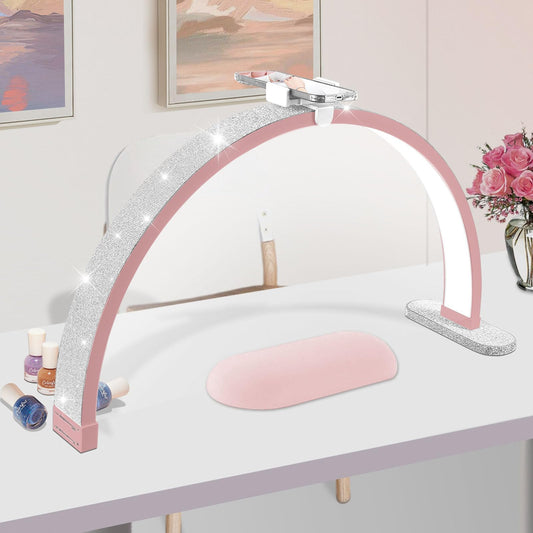 30in Half Moon Light for Nail Desk, Touch Control Nail Light for Desk, Moon Light Nail Tech with Phone Holder, Nail Table Lamp Adjustable Brightness and Color Temperature