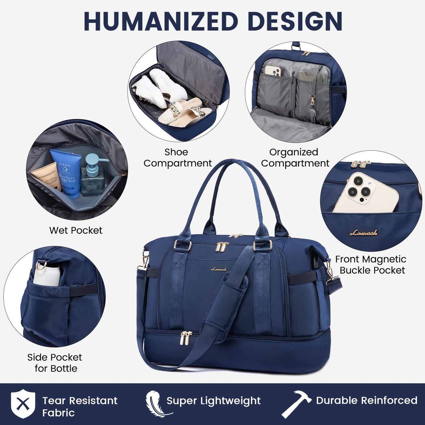 Gym Bag for Women LOVEVOOK Travel Duffel Bag with USB Charging Port, Navy Blue, Medium