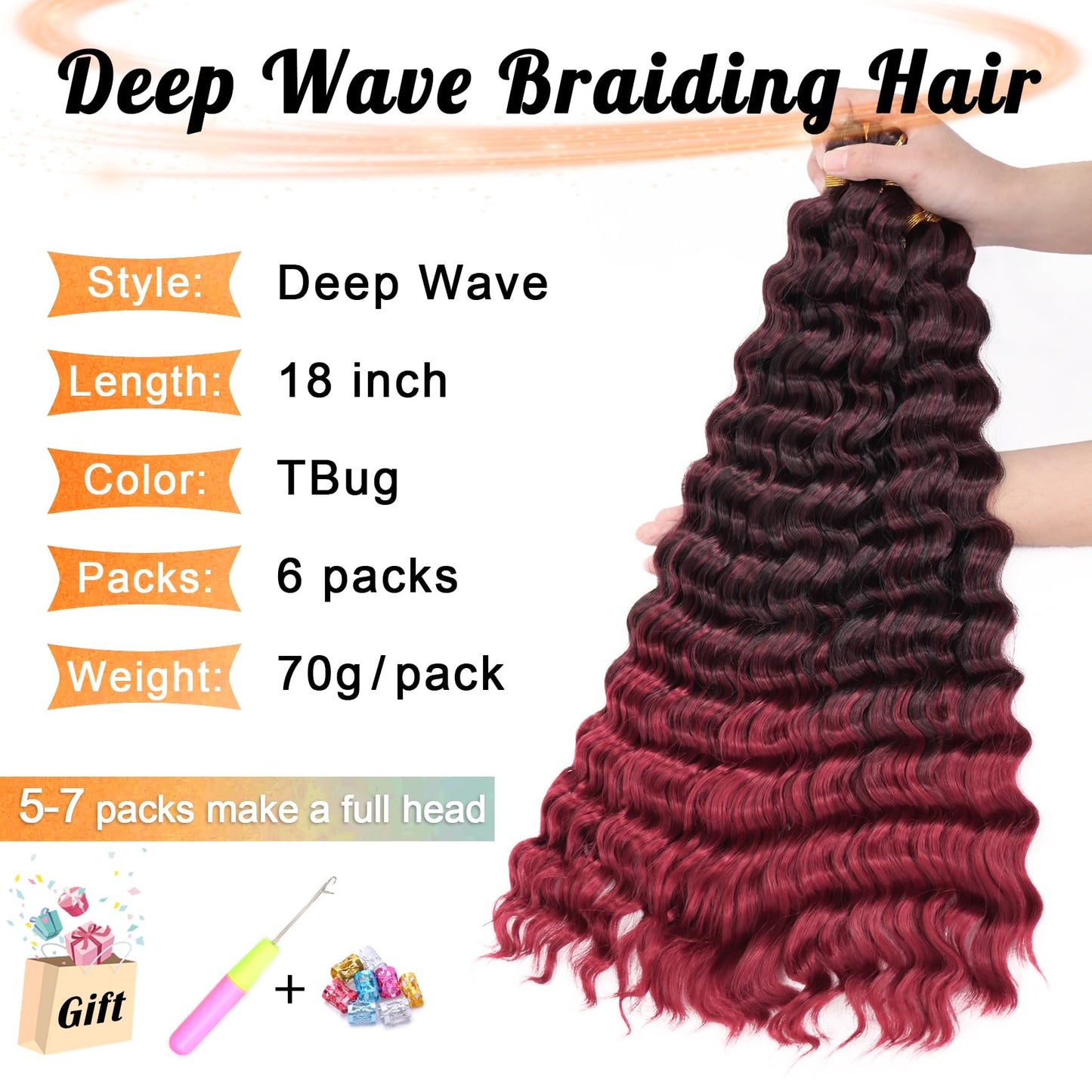 Eerya Ocean Wave Crochet Hair 18 Inch 6 Packs Deep Wave Crochet Hair for Black Women Synthetic Wavy Curly Braiding Hair for Boho Braids (18 inch,T1B/Burgundy)