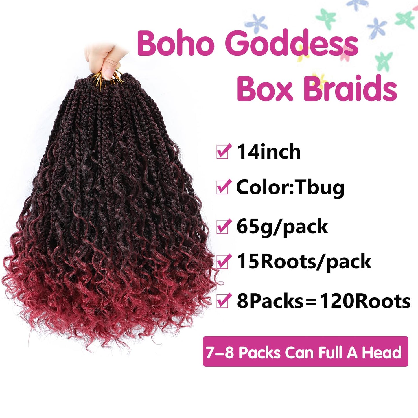 14inch Goddess Box Braids Crochet Hair Crochet Box Braids Curly Ends 3X Bohemian Crochet Box Braids Hair Synthetic Crochet Hair Extensions (14inch(Pack of 8), TBUG)