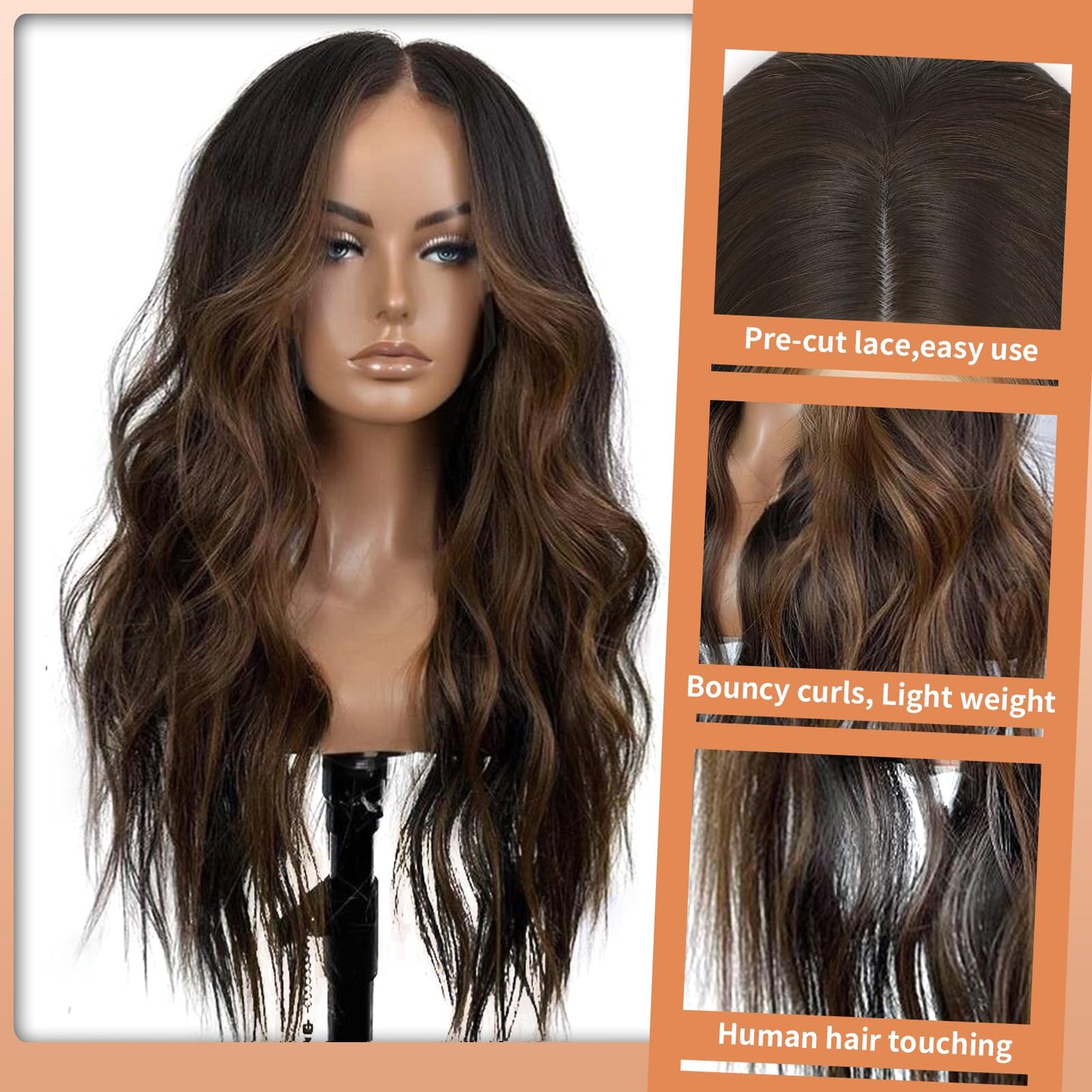 xccoco Brown Highlight Wig Long Wavy Wigs for Women Natural Wavy Curly Synthetic Lace Front Wig Middle Part 26inch Heat Resistant Fiber Wig for Daily Party Use