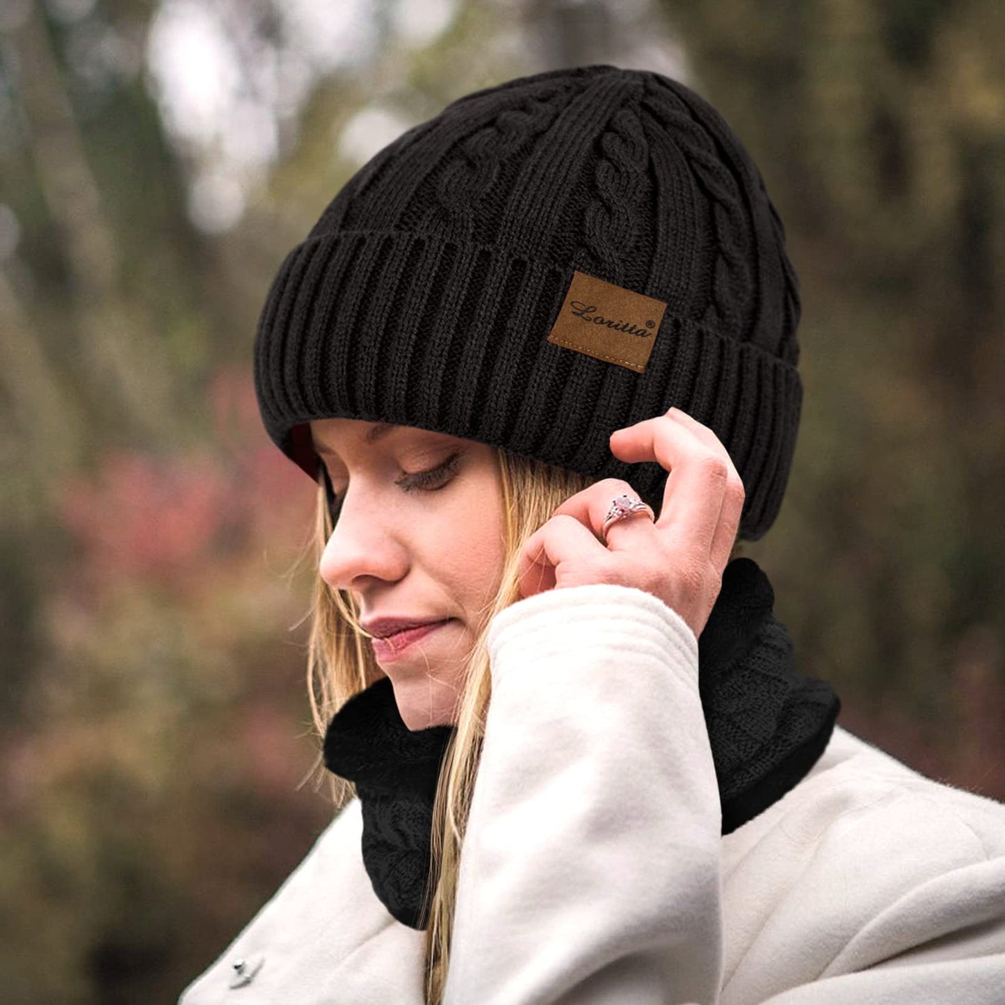 3 Pieces Winter Beanie Hat Scarf Touch Screen Gloves Set Thick Warm Knit Skull Cap Fleece Lined Scarves Gifts for Women,Black