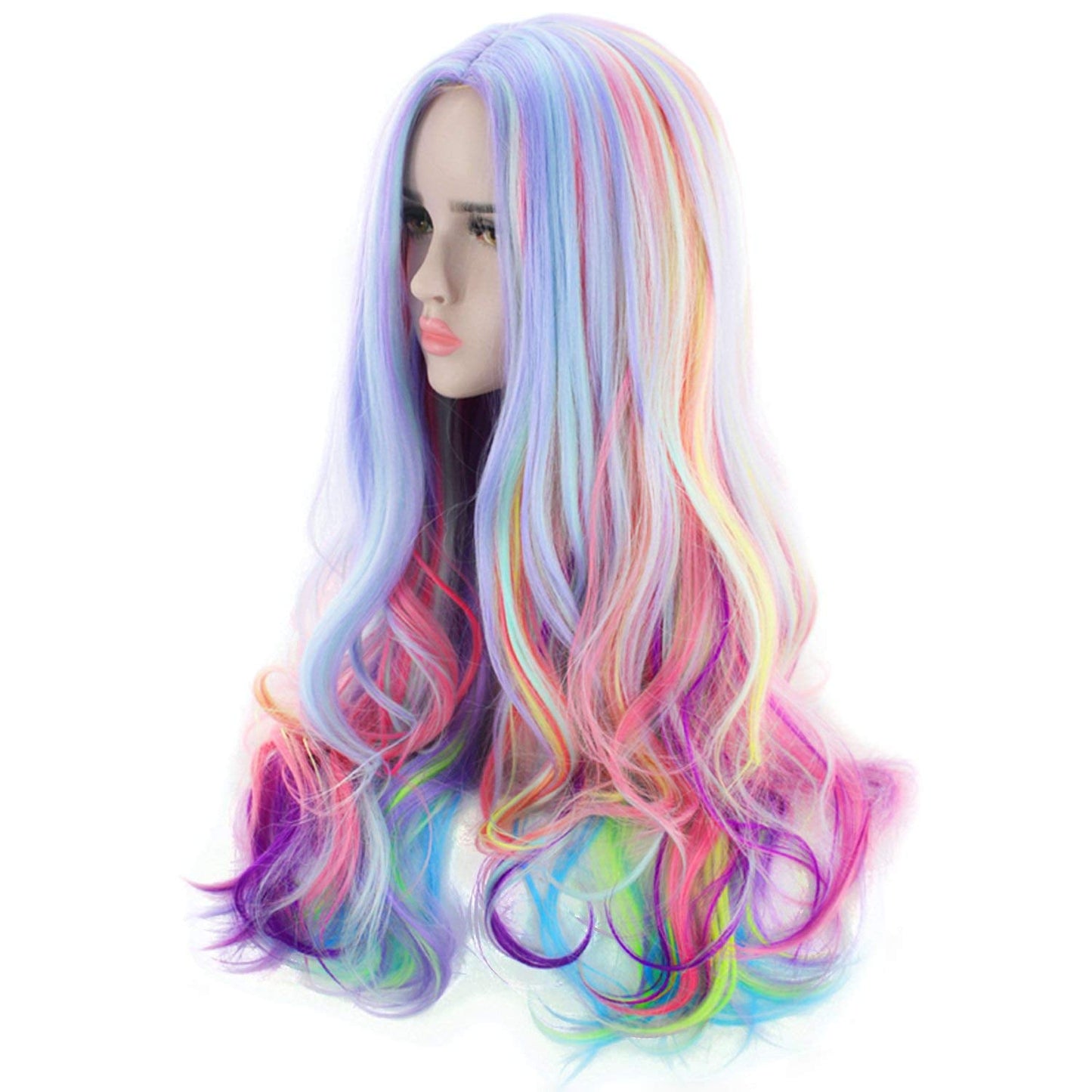 PATTNIUM Rainbow Wig - Long, Wavy, Heat Resistant Synthetic Hair for Women & Girls - Pastel Rainbow Color for Cosplay & Halloween