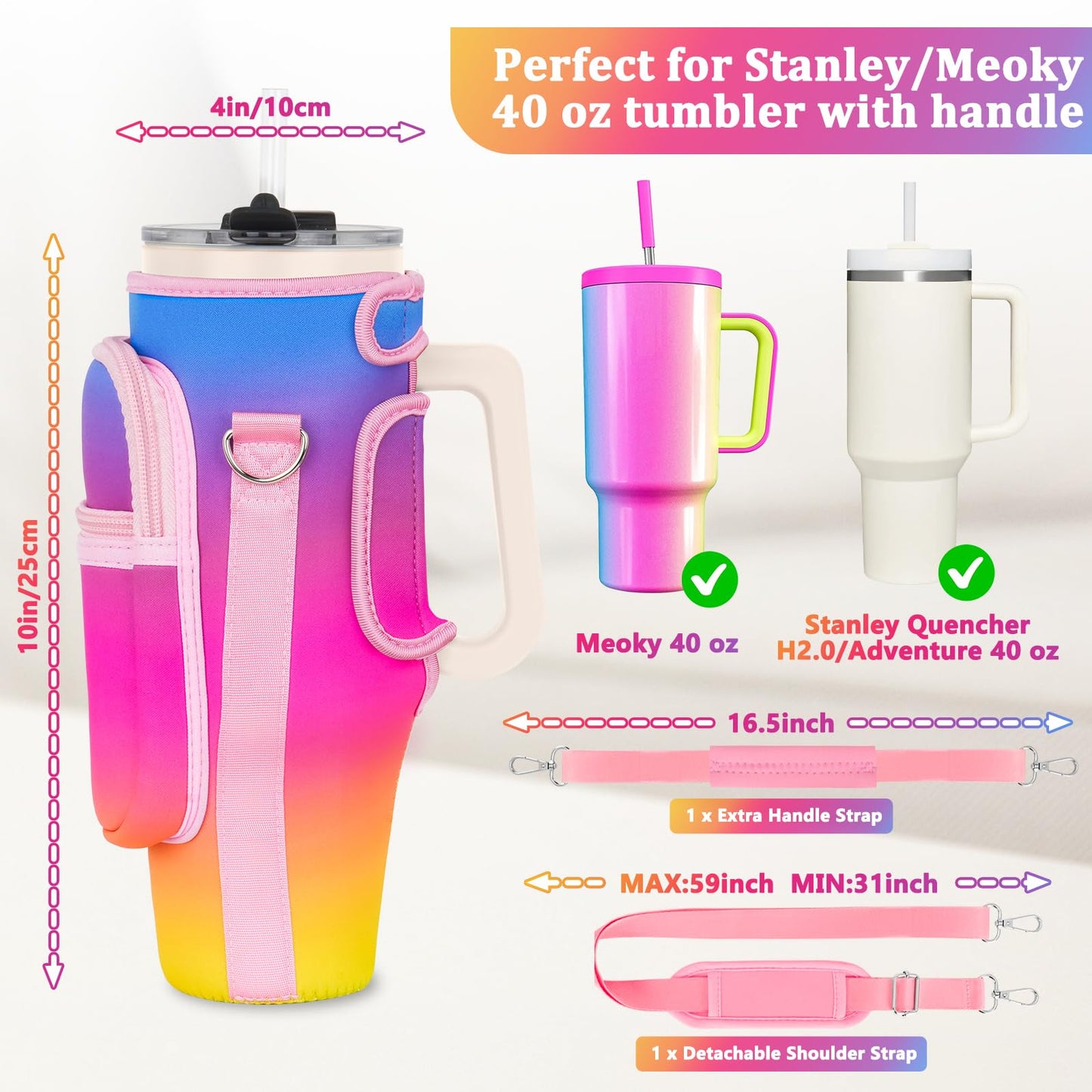 Water Bottle Carrier Bag with Phone Pocket Compatible with Stanley/Meoky 40 oz Tumbler with Handle,Neoprene Water Bottle Holder Pouch with Adjustable Strap Compatible with Stanley Cup Accessories