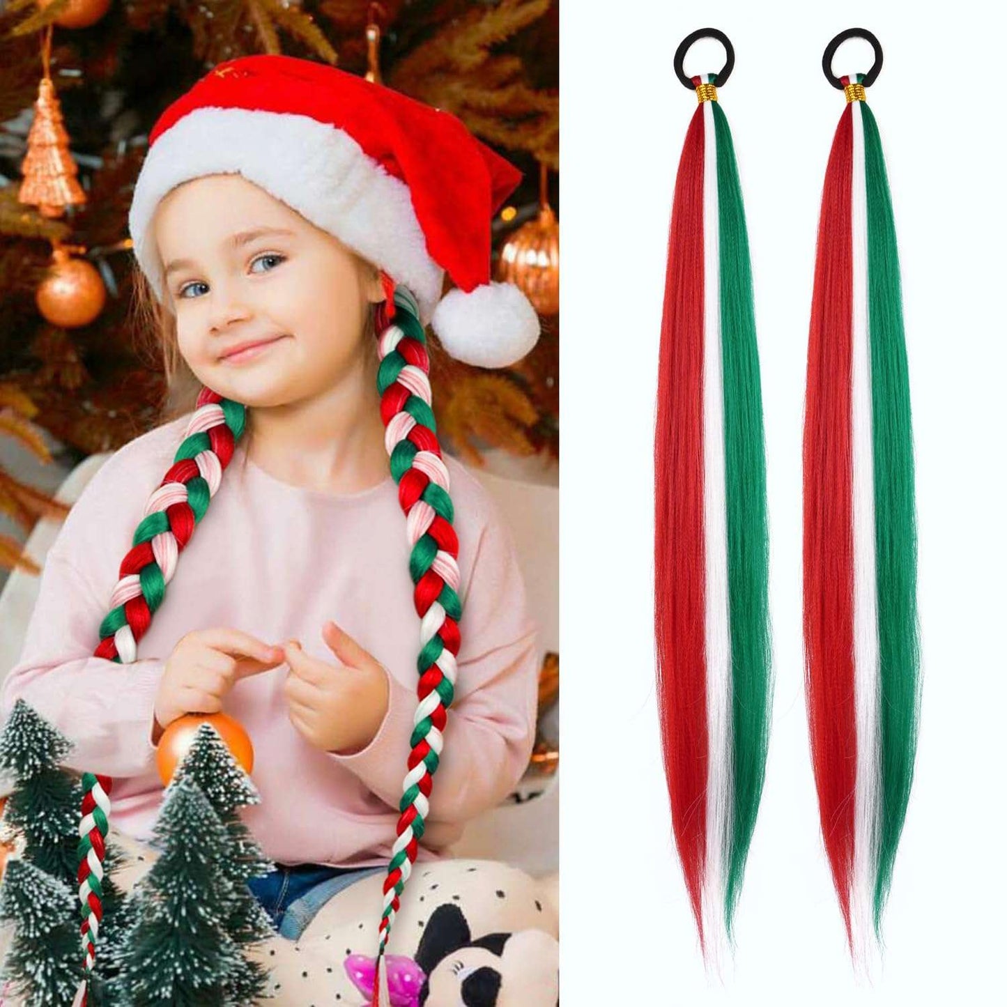 2 Pack Braid Ponytail Extension, Full of Christmas Color Ponytail Extension, with Elastic Tie Straight Tube Sleek Wrap Extension Hair Ponytail Extension 26 Inch (Green/White/Red#)