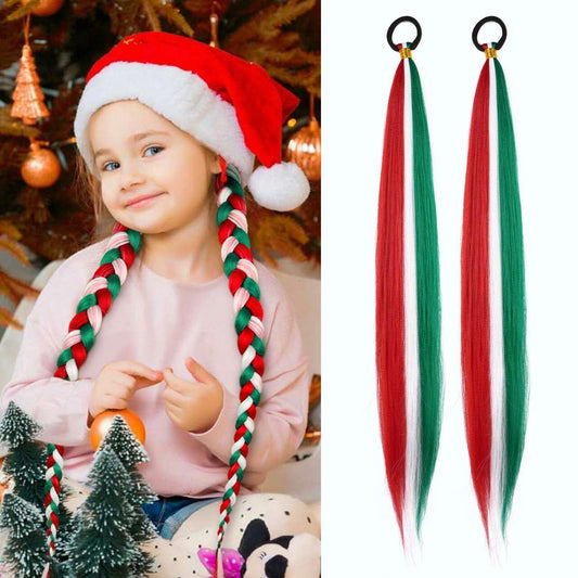 2 Pack Braid Ponytail Extension, Full of Christmas Color Ponytail Extension, with Elastic Tie Straight Tube Sleek Wrap Extension Hair Ponytail Extension 26 Inch (Green/White/Red#)