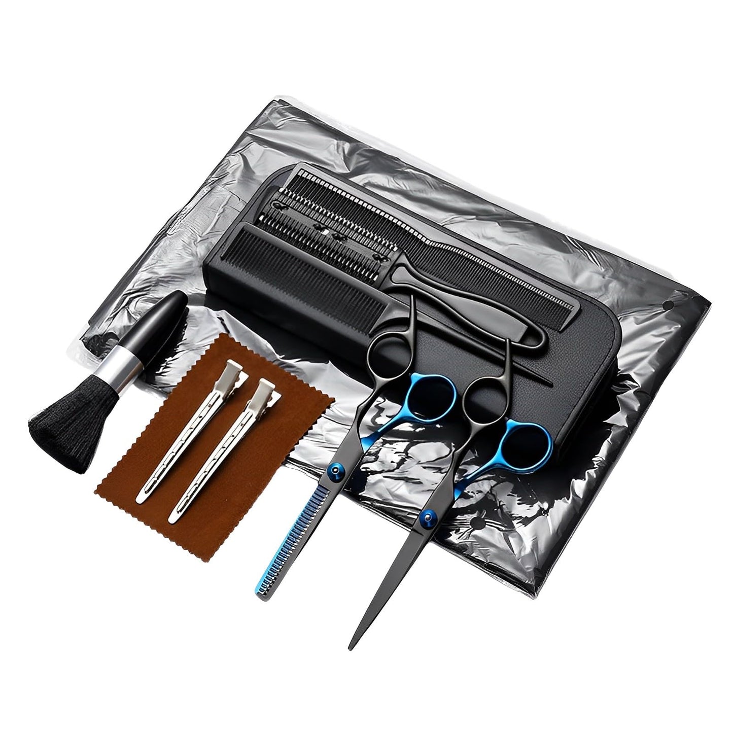 Hair Cutting Scissors Kit 11PCS, Hair Scissors Professional Haircut Scissors with Stainless Steel Hair Shears, Thinning Shears, Haircut Accessories in Leather Case for Salon/Home (Black - Blue)