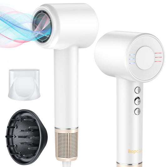 Hair Dryer -Bopcal Ionic Blow Dryer, 500 Million Ions Fast Drying, Low-Noise Hairdryer, 3 Speeds & 4 Temps with Travel Size for Professional Styling at Home/Salon
