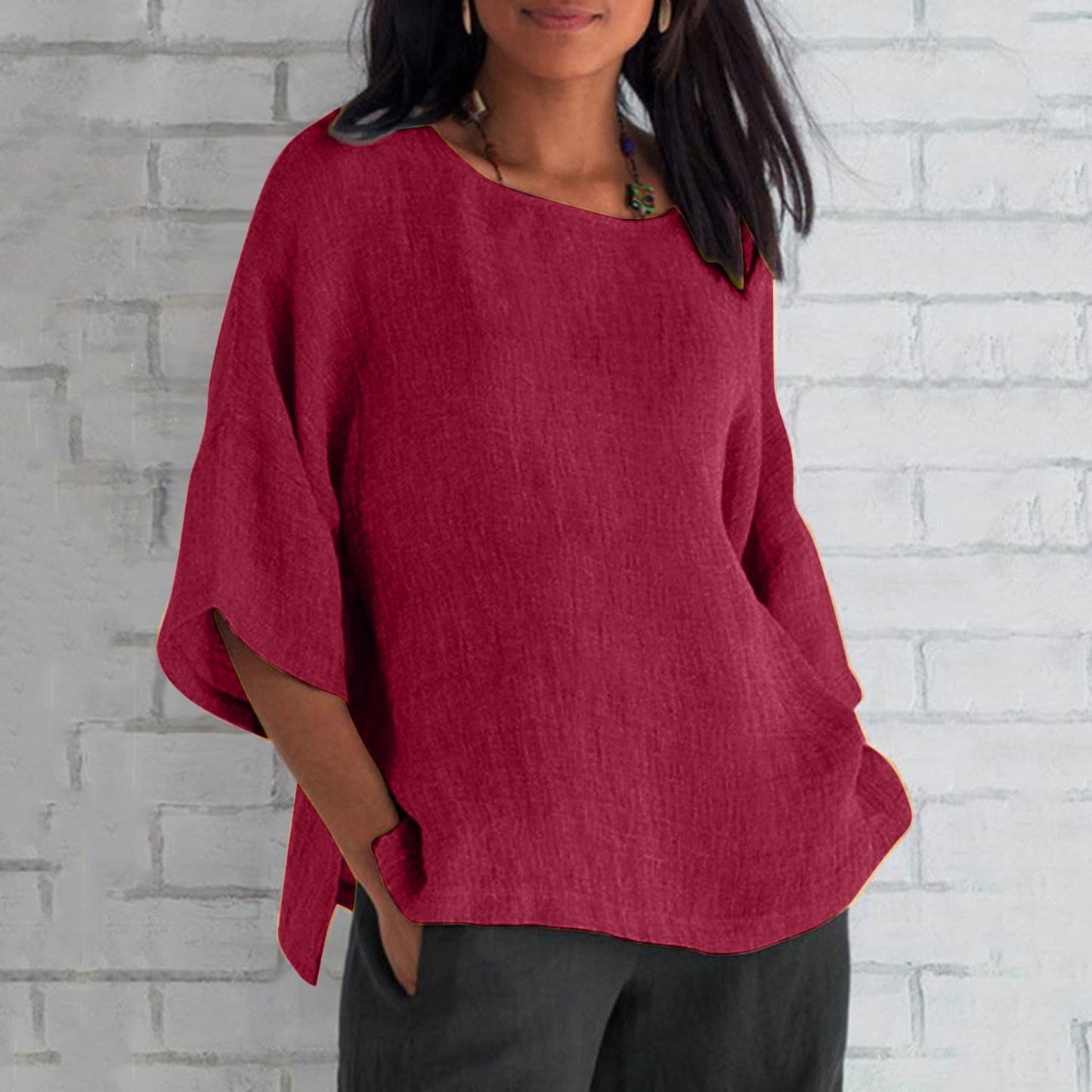 3/4 Length Sleeve Womens Tops Plus Size Linen Shirts Crew Neck Plain Summer Blouses Split Oversized T Shirts Lightweight Loose Fit Three Quarter Length Tunic Tops Women's Plus Size Tops Wine