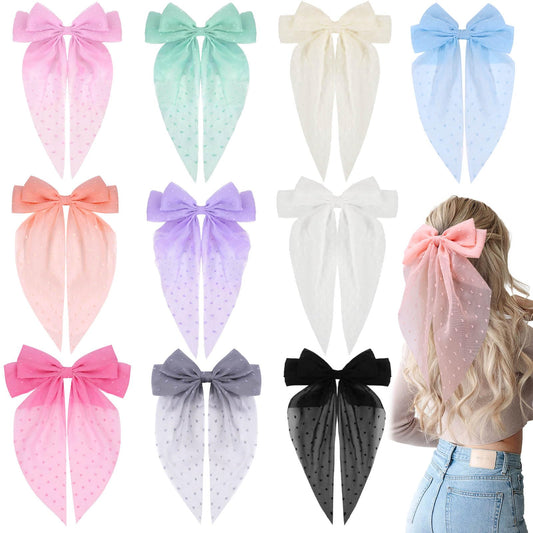 10 PCS Big Hair Bows for Women Girls,TOKUFAGU Large Hair Ribbon Bow Barrette Clips for Girls,Hair Bows with Long Tail Vintage French Hair Accessories for Women (Thin gauze with small balls)
