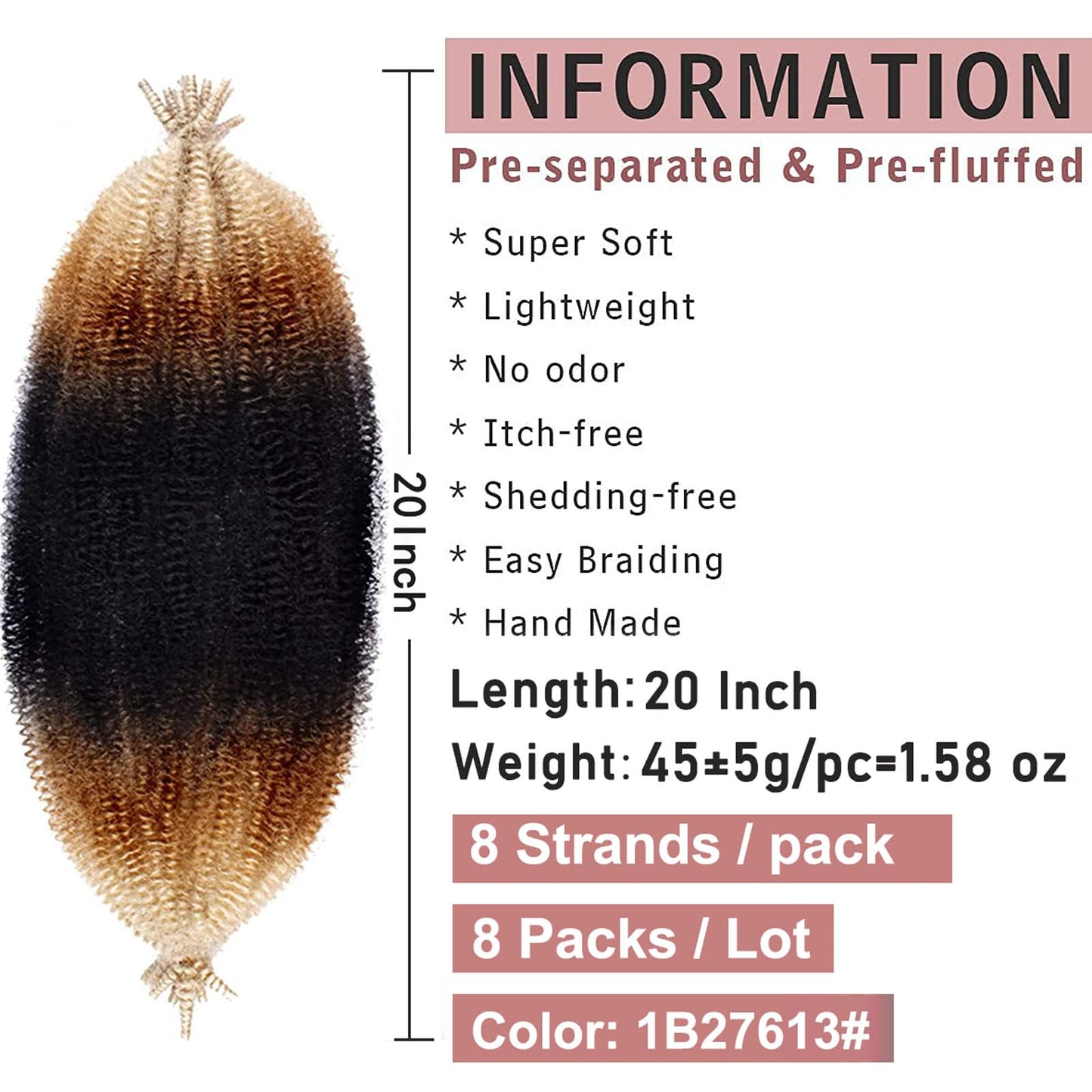 8 Packs Pre-Separated Springy Afro Twist Hair 20 Inch 3 Tones Spring Twist Hair For Distressed Soft Locs Marley Twist Braiding Hair Synthetic Hair Extension For Black Women (8 Strands/Pack,1B27613#)