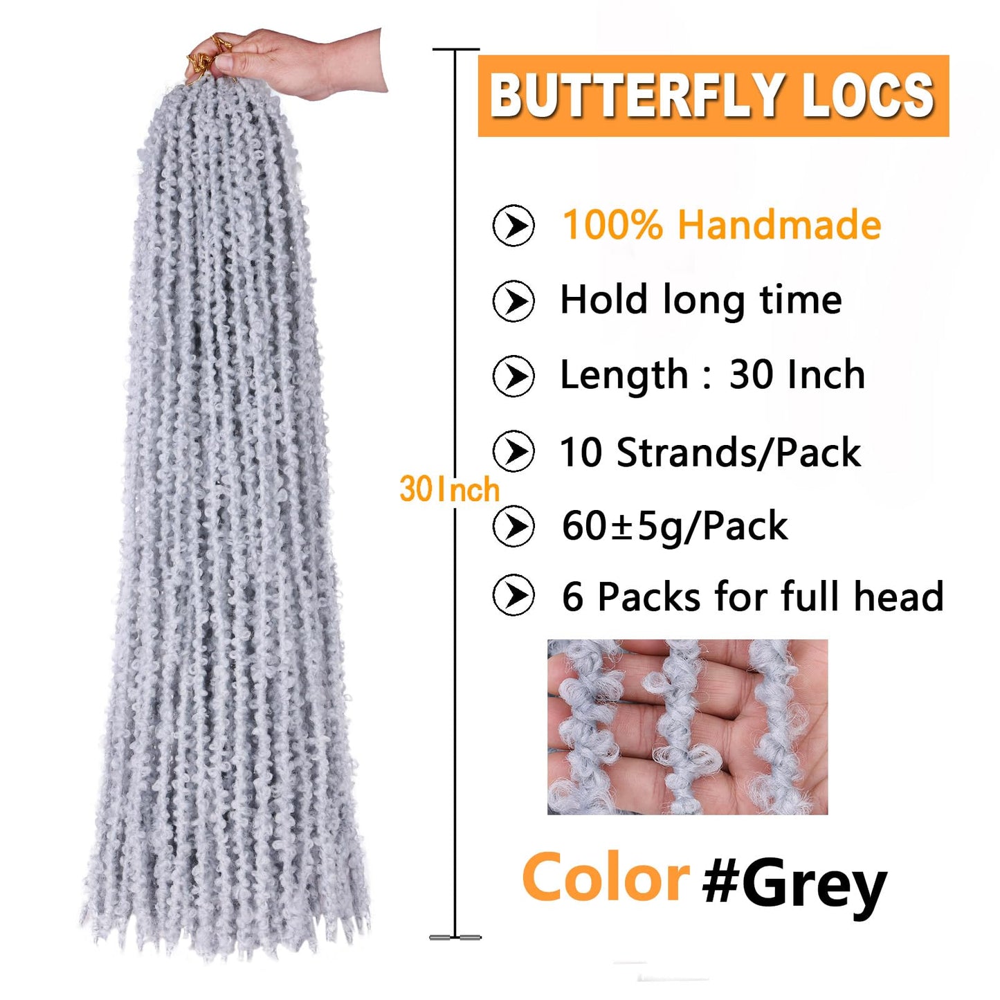 ZRQ 30 Inch Butterfly Locs Crochet Hair Grey Distressed Faux Locs Crochet Braids,Light Weight Handmade Goddess Soft Locs Crochet Locs Braids for Women(2Packs,grey#)