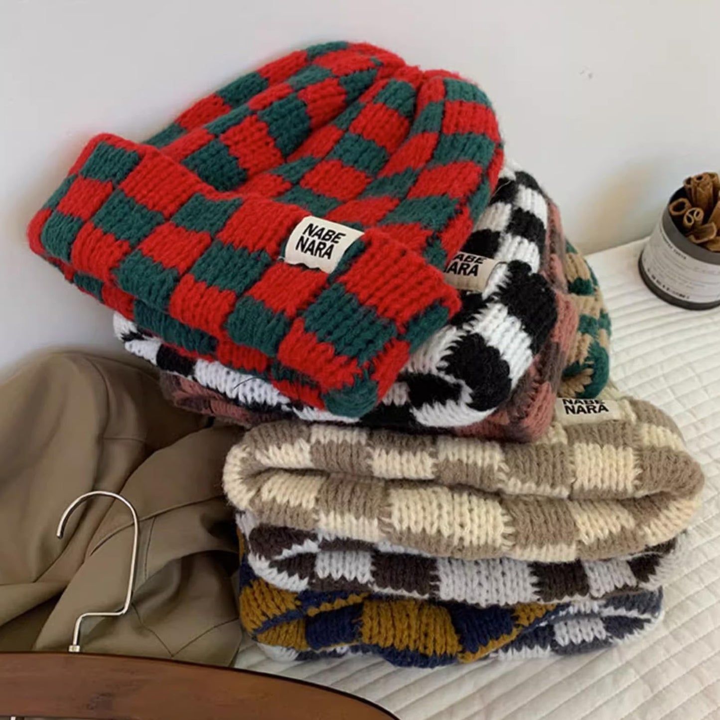 Cuffed Knit Beanie Hats for Men Women Checkerboard Plaid Womens Hat Stretch Winter Beanies Skull Cap Slouchy Warm Ski Caps Unisex