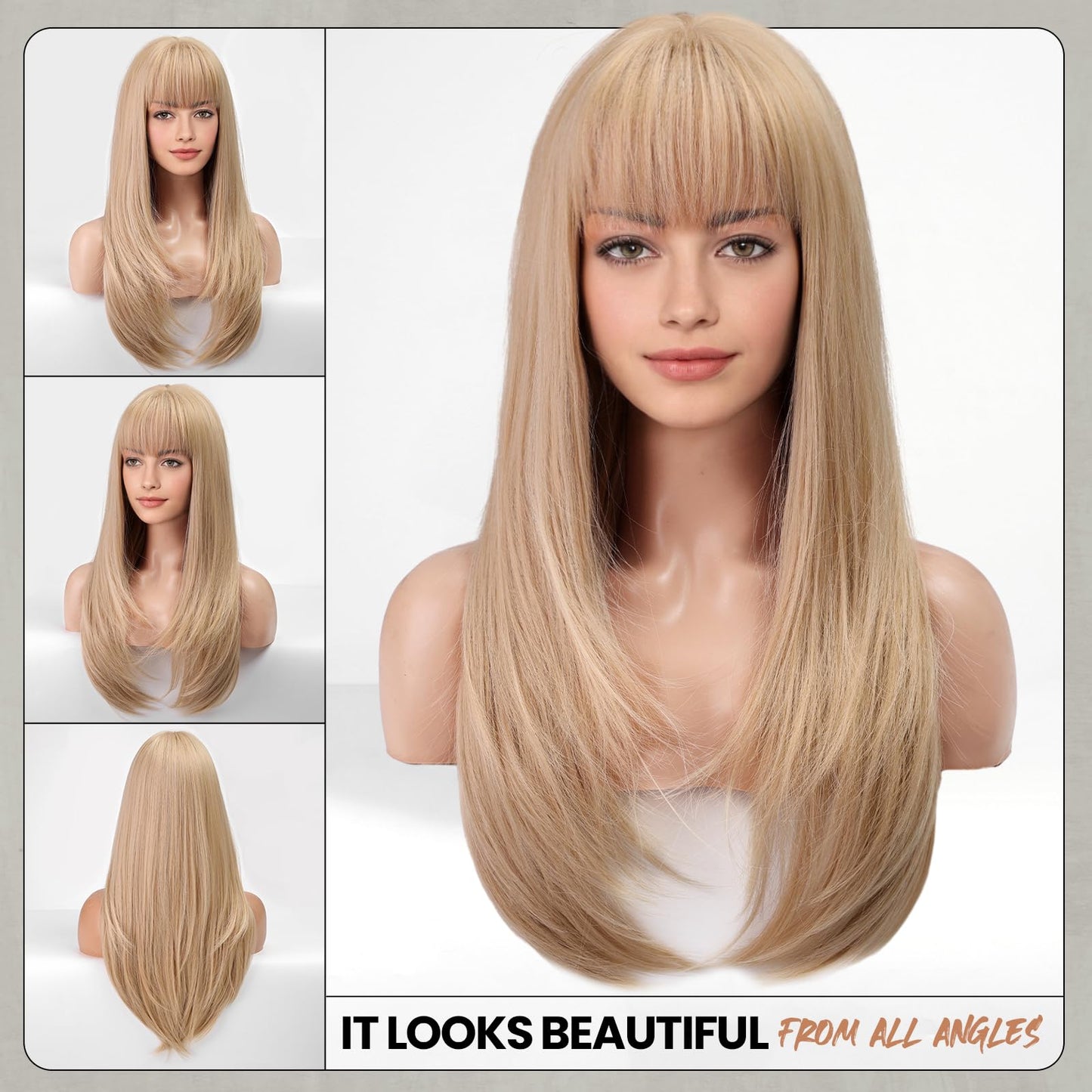 EMMOR 613 Blonde Wig With Bangs For Women Long Straight Wigs Synthetic Layered Hairstyle For Girls Party Cosplay And Daily Use(26" Platinum Blonde)