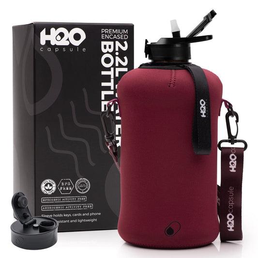 H2O Capsule 2.2L Half Gallon Water Bottle with Storage Sleeve and Covered Straw Lid – BPA Free Large Reusable Drink Container with Handle - Big Sports Jug, 2.2 Liter (74 Ounce) Maroon