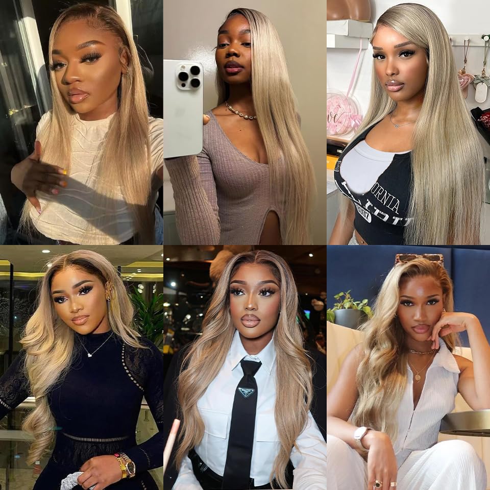 200% Density Ash Blonde Straight Lace Front Wigs for Black Women Pre Plucked Ash Blonde Wig Human Hair 13x4 Transparent Lace Front Wigs Human Hair Dark Brown Roots Platinum HD Lace Frontal Wig 24 Inch
