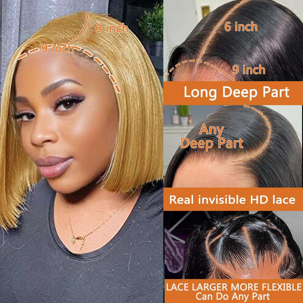 GUDOZO #27 Honey Blonde Bob Wig Human Hair Glueless 14inch Glueless Wigs Human Hair Pre Plucked Pre Cut with Baby Hair 9X6 HD Lace Front Wigs For Black Women 200% Density Straight Bob Wigs