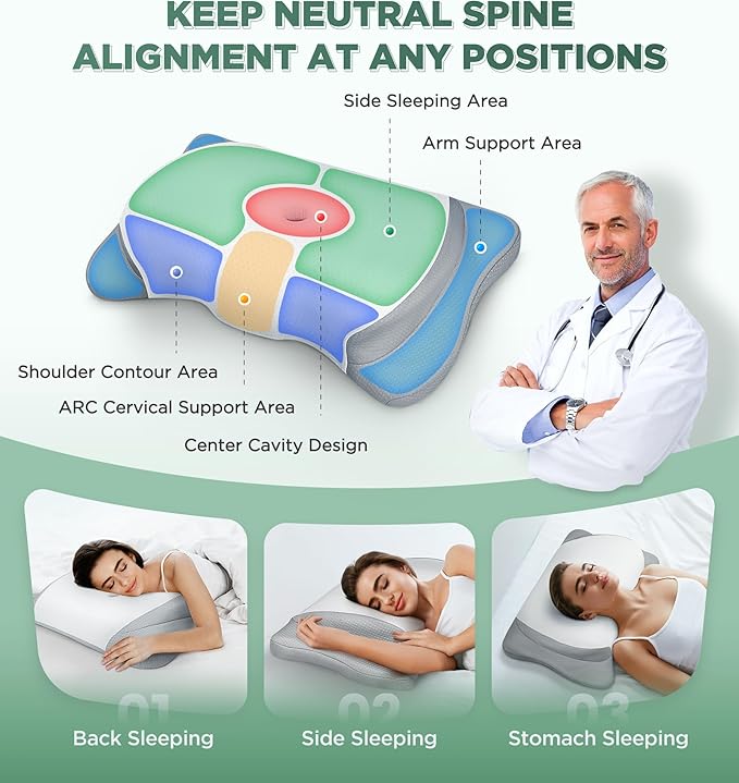Adjustable Height Cervical Neck Pillow for Pain Relief, Hollow Contour Pillow with Cooling Breathable Pillowcase, Odorless Memory Foam Pillows, Orthopedic Bed Pillow Support Shoulder Side Back Stomach
