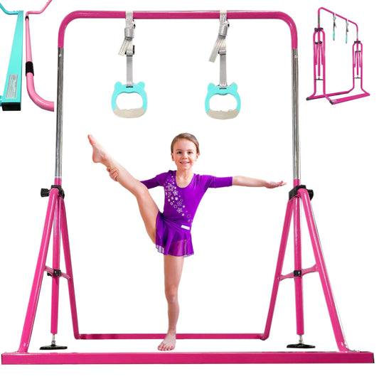 PreGymnastic Updated Folding Gymnastics Bar with Rings, Foldable Kip Bar with Sturdier Base, Gymnasitc Training Bar for Kids Ages 3-10, Gymnastic Horizontal Bars, Home Gym Equipment for Boys Girls