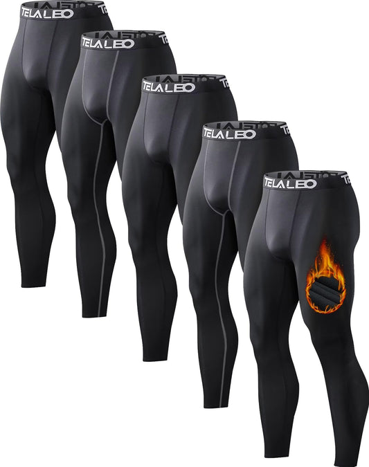 5 Pack Men's Thermal Compression Pants Fleece Lined Sports Tights Athletic Leggings Cold Weather Baselayer Winter Gear XL