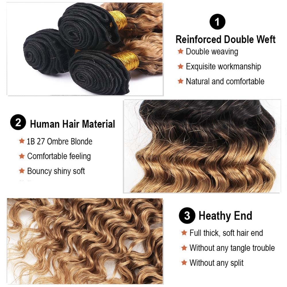 12 14 16 inch Honey Blonde Bundles Human Hair Ombre Bundles 1B27 Honey Blonde Deep Wave Bundles Grade 8A Black And Honey Blonde Bundles Human Hair Wet and Wavy Human Hair Bundles
