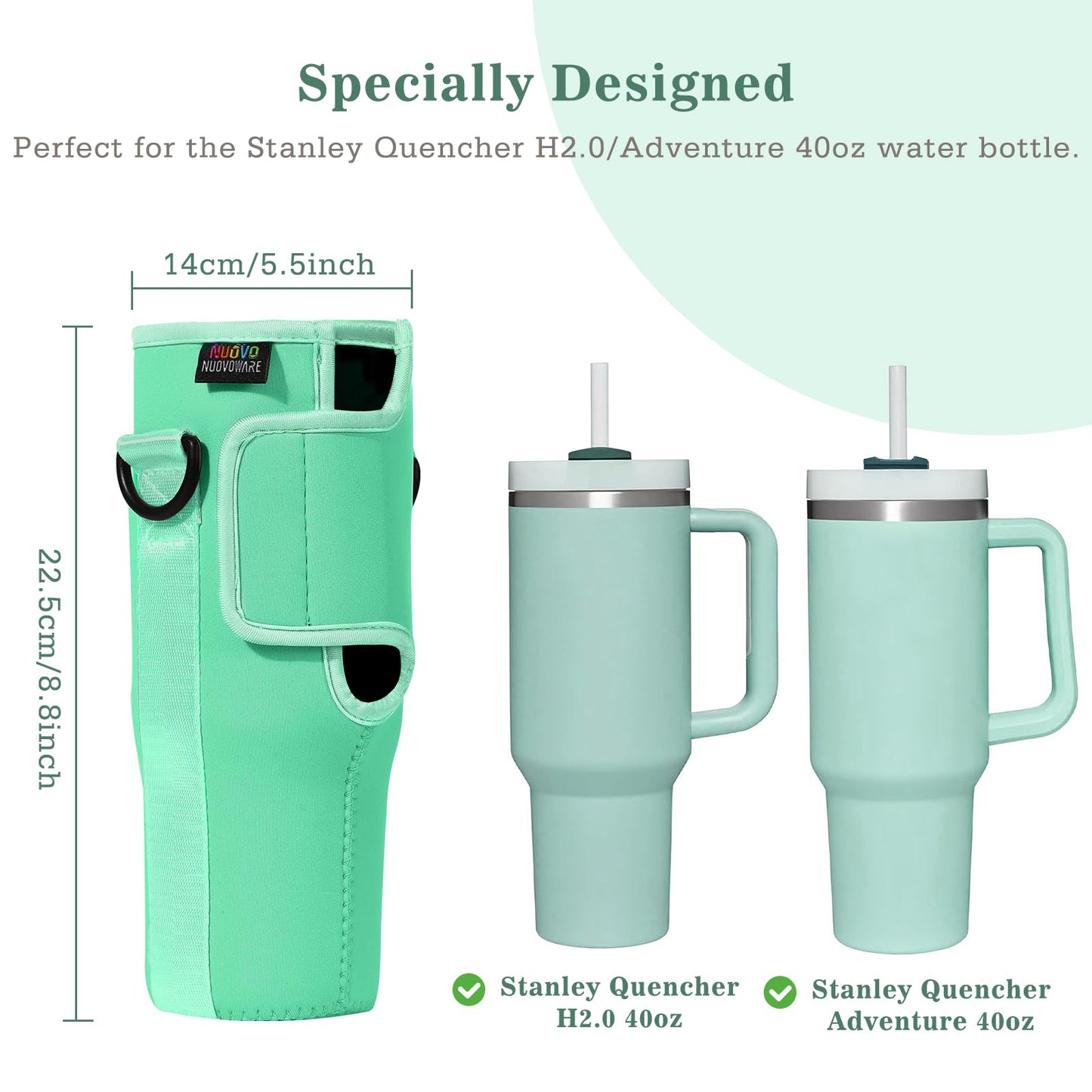 Nuovoware Water Bottle Carrier Bag Fits Stanley 40 Oz Tumbler with Handle, Water Bottle Bag with Adjustable Shoulder Strap, Neoprene Water Bottle Holder for Stanley Water Bottle Accessories, Teal
