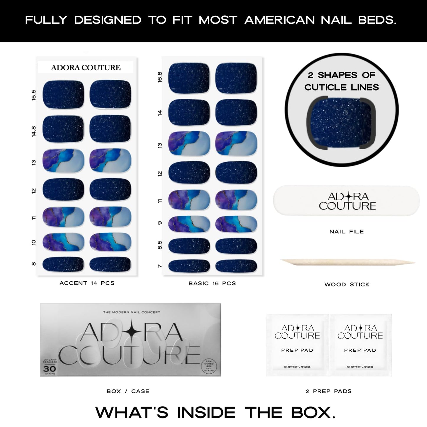 Adora Couture Semi Cured Gel Nail Strips with 30 Pieces, Salon Quality Nail Wraps for Women, Glossy Blue Purple Pattern with Glitter UV Gel Nail Stickers, UV Light Required, Stellar