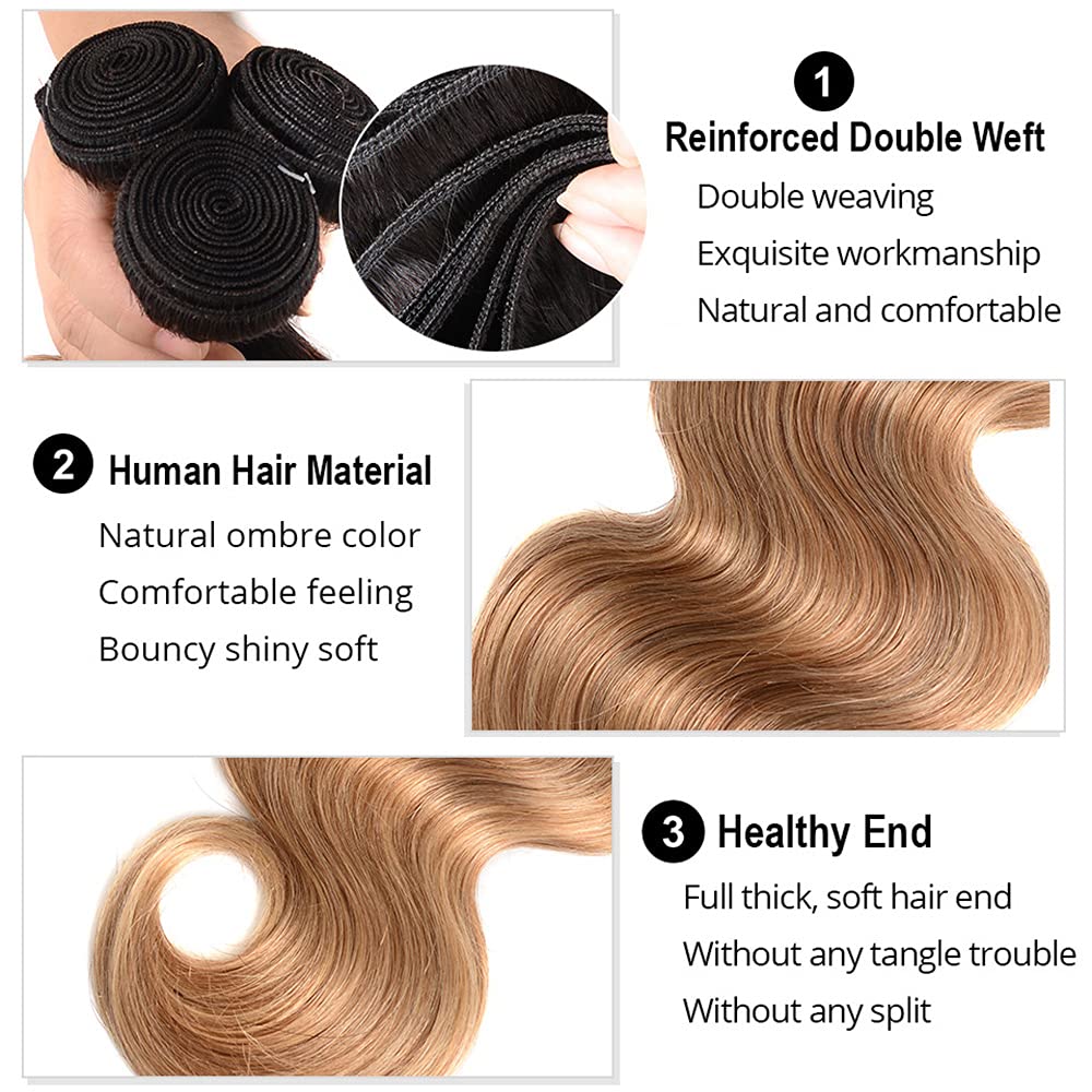 1b27 Human Hair Bundles Ombre Blonde Body Wave Bundles 8A Peruvian Virgin Human Hair 3 Bundles 12 14 16 Inch Two Tone Black and Blonde Bundles Hair Extensions Blonde Body Wave Bundles