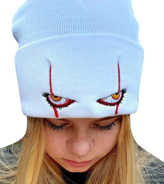 Suillty Unisex Winter Acrylic Knit Cuff Beanie Hat Clown Scary Eyes Embroidery Warm Winter Caps Halloween Hats for Adult Kids White
