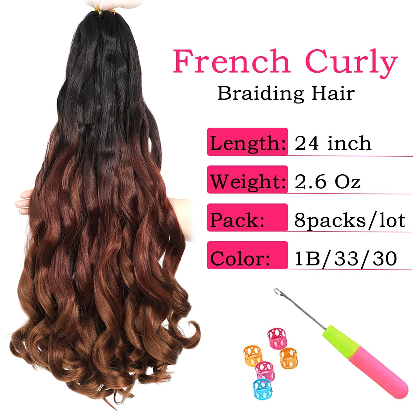 French Curly Braiding Hair 24 Inch 8 Packs - Pre Stretched Bouncy Braiding Hair- Loose Wavy Braiding Hair Synthetic Hair Extensions For Black Women (24 inch 8 packs 1B/33/30)