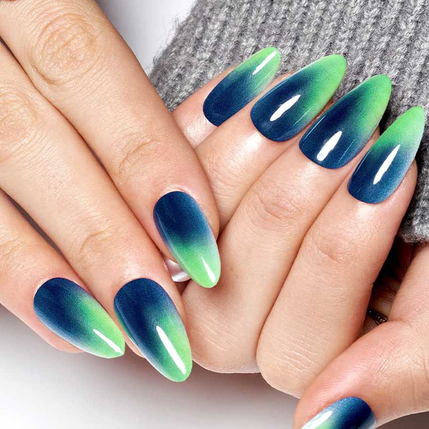 GLAMERMAID Press on Nails Medium Almond, Handmade Green Ombre Gel Glue on Nail, 24Pcs Glossy Short Stiletto Reusable UV Finish Fake Nails Acrylic False Nails Manicure Kits for Women