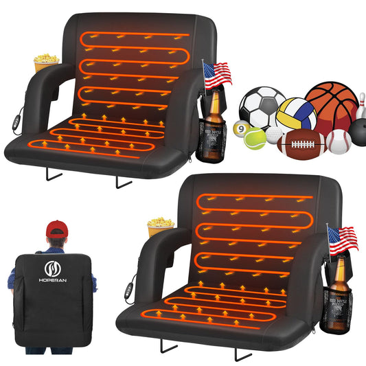 2pcs Double Heated Stadium Seats for Bleachers with Back Support 21" Wide Cushion, Extra Portable Bleacher Seat Foldable Stadium Chair, USB 3 Levels Heat, 5 Pockets for Outdoor Camping Games Sports