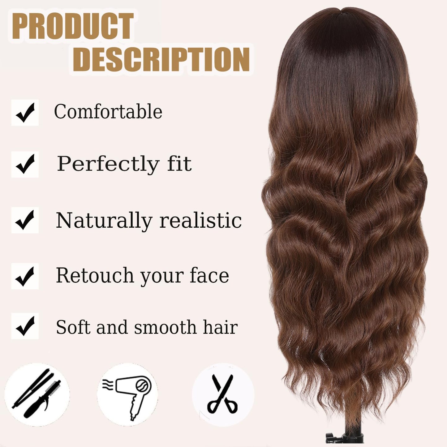 punhurt Brown Wig with Bangs 26 Inches Long Wavy Curly Wig for Women Synthetic Wigs for White Women Wigs with Bangs