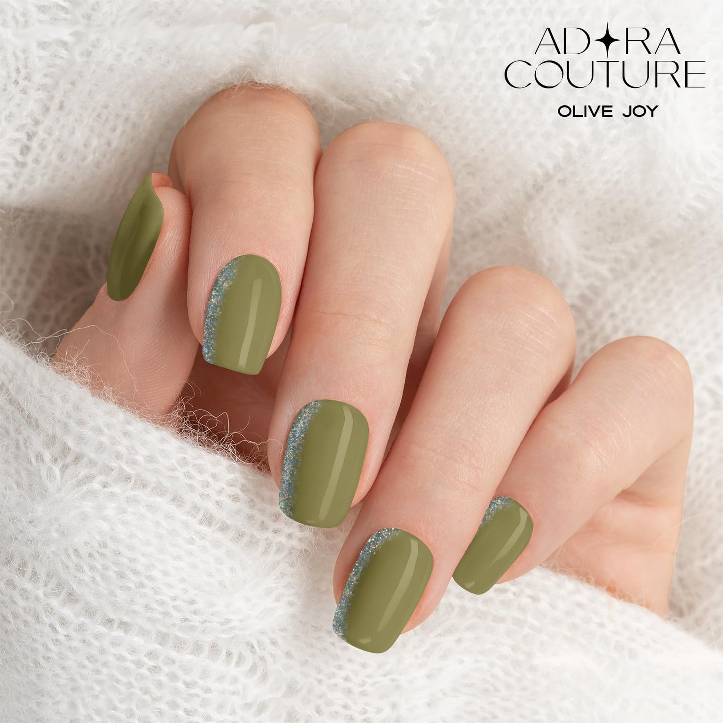 Adora Couture Semi Cured Gel Nail Strips with 20 Pieces, Salon Quality Wraps for Women, Olive Green Moss Sage Glitter UV Gel Stickers, UV Light Required, Olive Joy