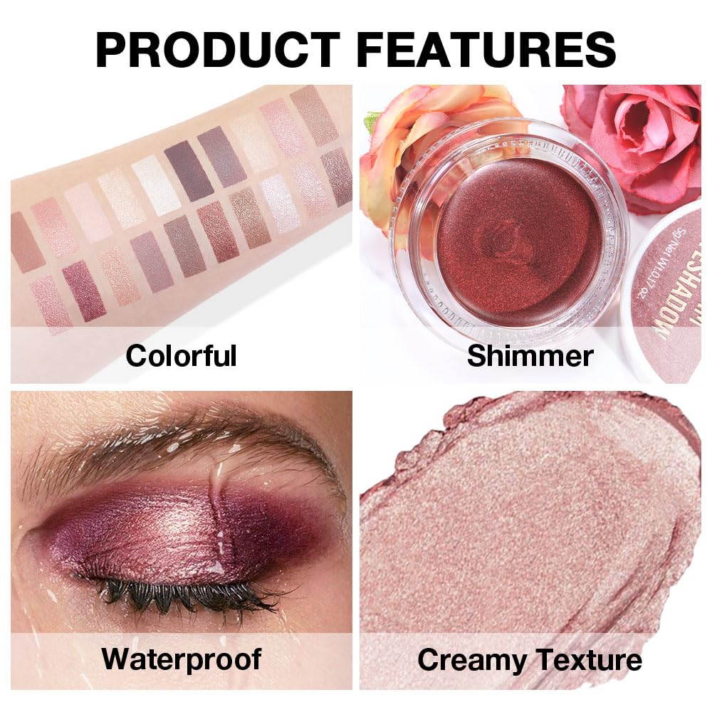 evpct Single Cream Eye Shadow Pallette Pot Makeup for older Women, Antique Rose Mauve Pearl Shimmer Glitter Metallic Monochrome Cream to Powder Eyeshadow Palette Eye Brightener, Waterproof Blendable