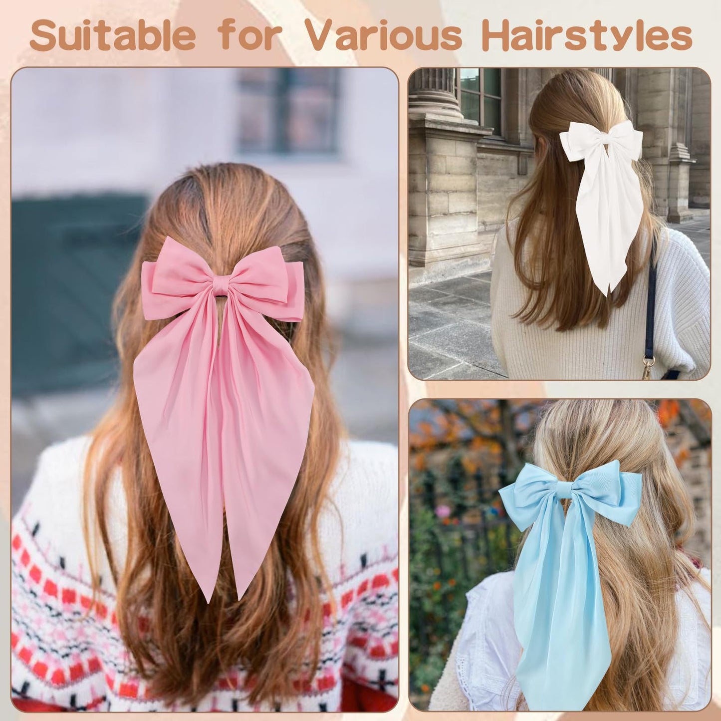 3 PCS Hair Bows for Women, Big Bow Hair Clips for Girls, Silky Satin Hair Bows Clips Oversized Long Tail, Large Hair Barrettes Cute Aesthetic Hair Accessories, Metal Bow Hair Clips Light Blue
