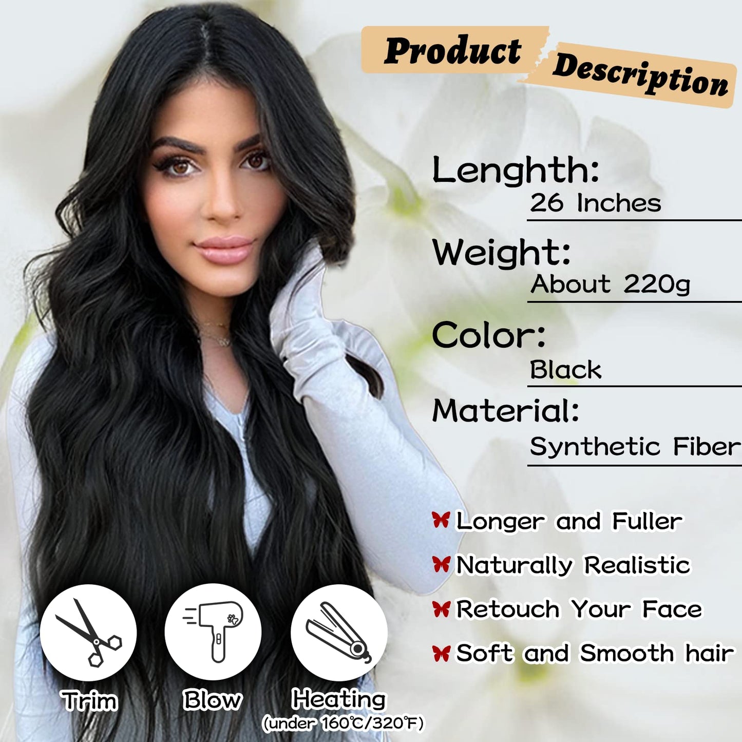 NAYOO Long Wavy Wigs for Women Black Middle Part Wig Synthetic Heat Resistant Fiber Women Wigs for Daily Party Use 26 Inch (Black)