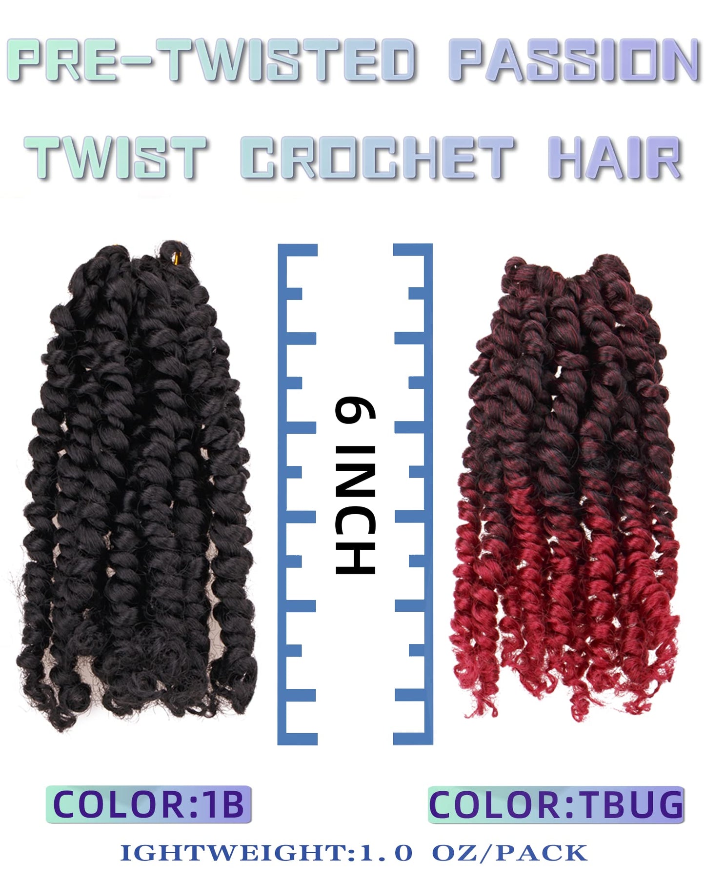 6 Inches 9 Packs Passion Twist Crochet Hair-Mixed Color Combo Pack(7 packs 1B+2 packs T1B/BUG),Pre-twisted Pre Looped Soft&Bouncy Synthetic Braided Hair Extensions For Black Women(6"-9 Packs,1B+TBUG)