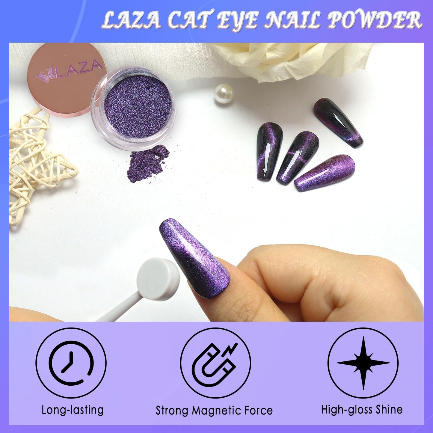 Laza Cat Eye Chrome Nail Powder Chameleon Magnetic Powder 9D Cat Eye Effect Mirror Effect Pigment Dust Magic Galaxy Holographic Effect Glitter with Magnetic Stick for Velvet Nail Art - Bluish Violet