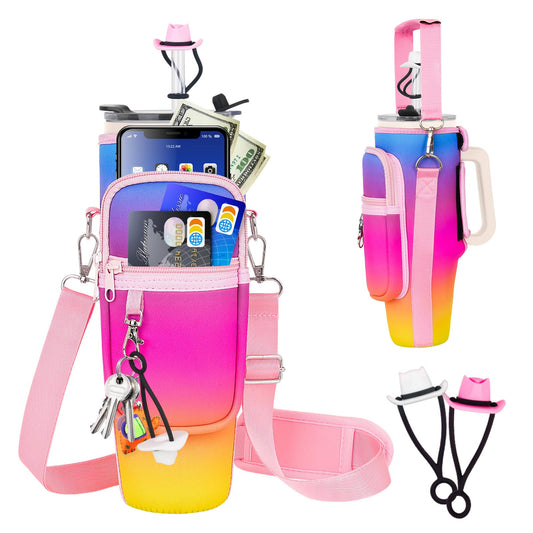 Water Bottle Carrier Bag with Phone Pocket and 2 Straw Covers Compatible with Stanley/Meoky/BrüMate 40 oz Tumbler with Handle,Water Bottle Holder with Adjustable Strap Fits for Stanley Cup Accessories